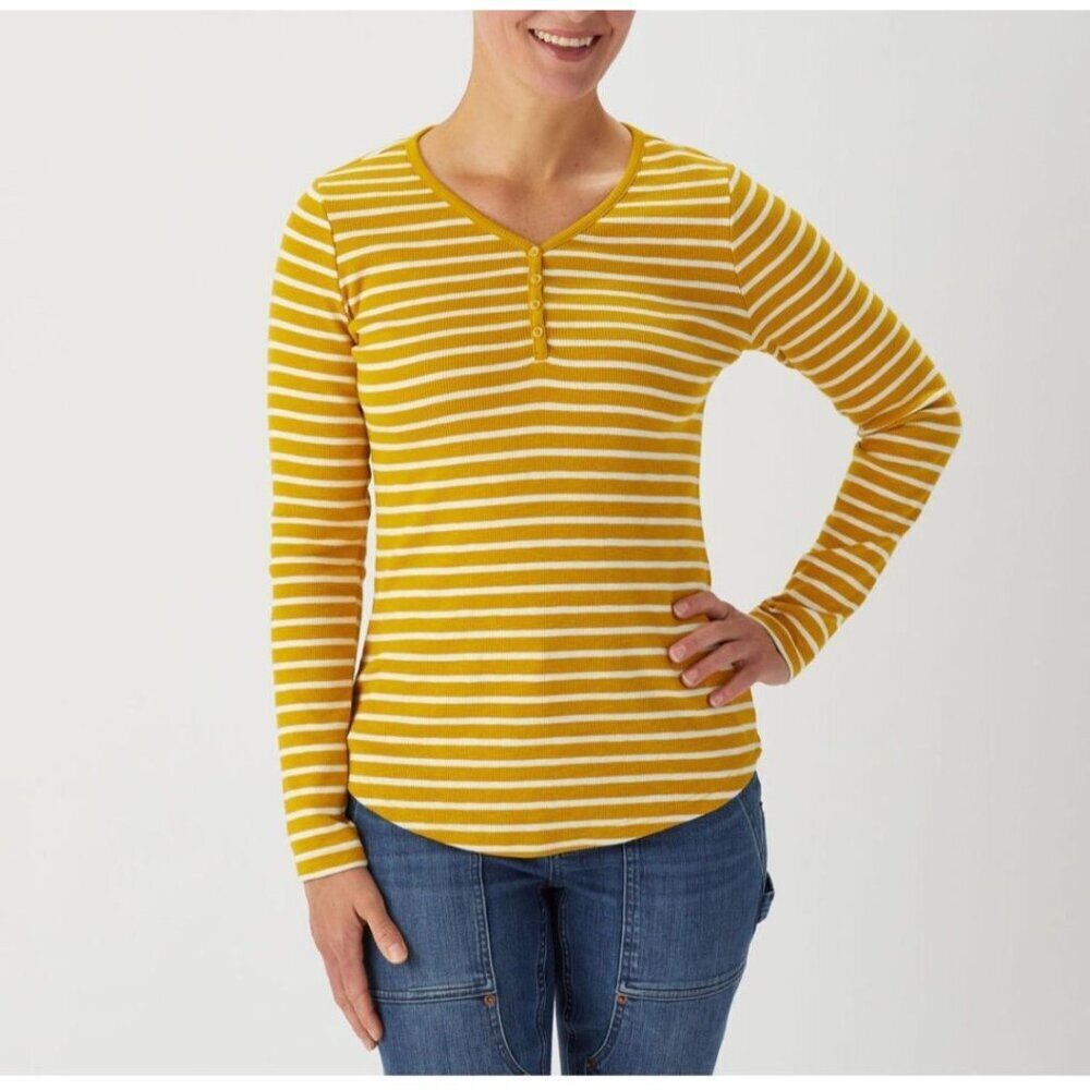 Duluth Womens Gold & White Striped Long Sleeve Henley Top